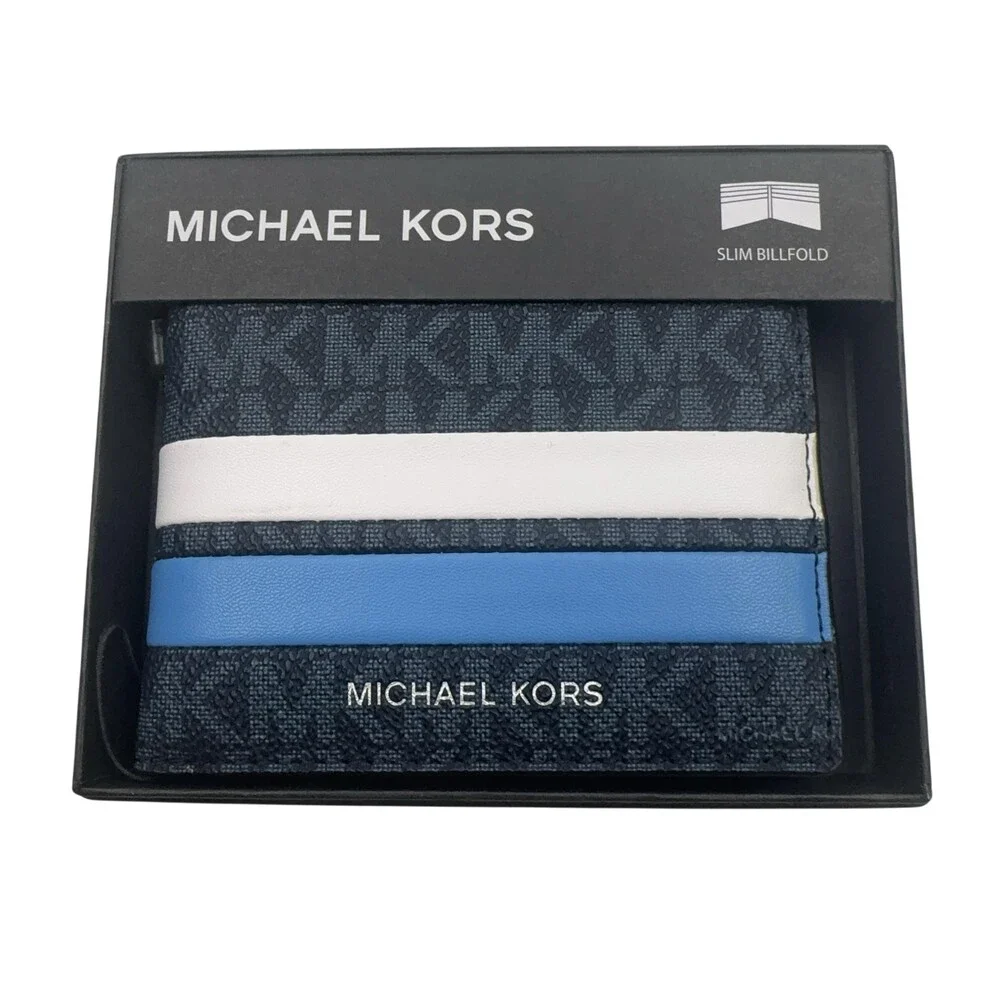Michael Kors Malone Wallet Slim Billfold Mens Stripe Logo Blue Multi White